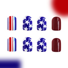 KKUUOO Independence Day Press-on Nails Short Square Glossy Acrylic False Nails 4th of July Star Design 24pcs/box