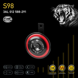 HELLA 3AL 012 588-291 Horn Hella Style Horn S98-12V - 115dB(A) - Frequency Range: 400Hz - Tweeter - Electric - ECE - Housing Colour: Red/Black - Quantity: 1