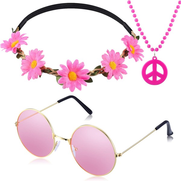 Tatuo 3 Pieces Hippie Accessory Set includes Peace Sign Bead Necklace, Flower Crown Headband, Hippie Sunglasses Party Costume for Women Men