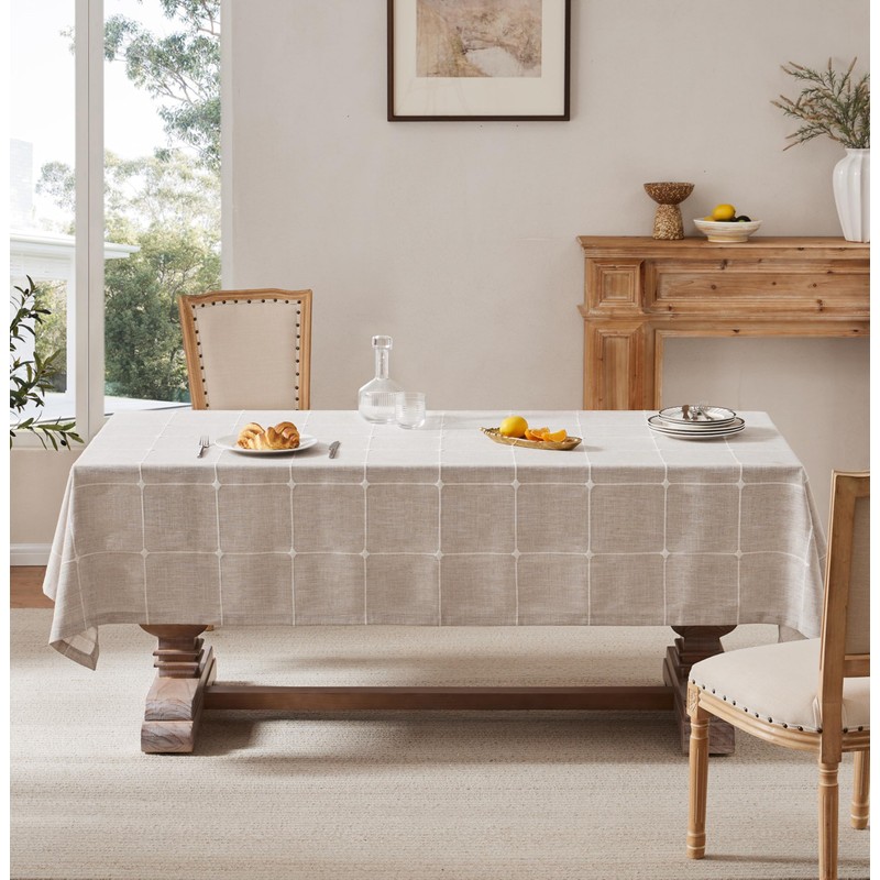 ZeeMart Grid Embroidered Rectangle Hemmed Tablecloths 52x70in, Taupe