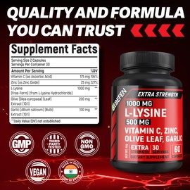 L-Lysine 1,000mg Capsules + Olive Leaf 200mg + Garlic Bulb 100mg with Vitamin C and Zinc | Free Form Amino Acids, L Lysine Complex | 60 Count
