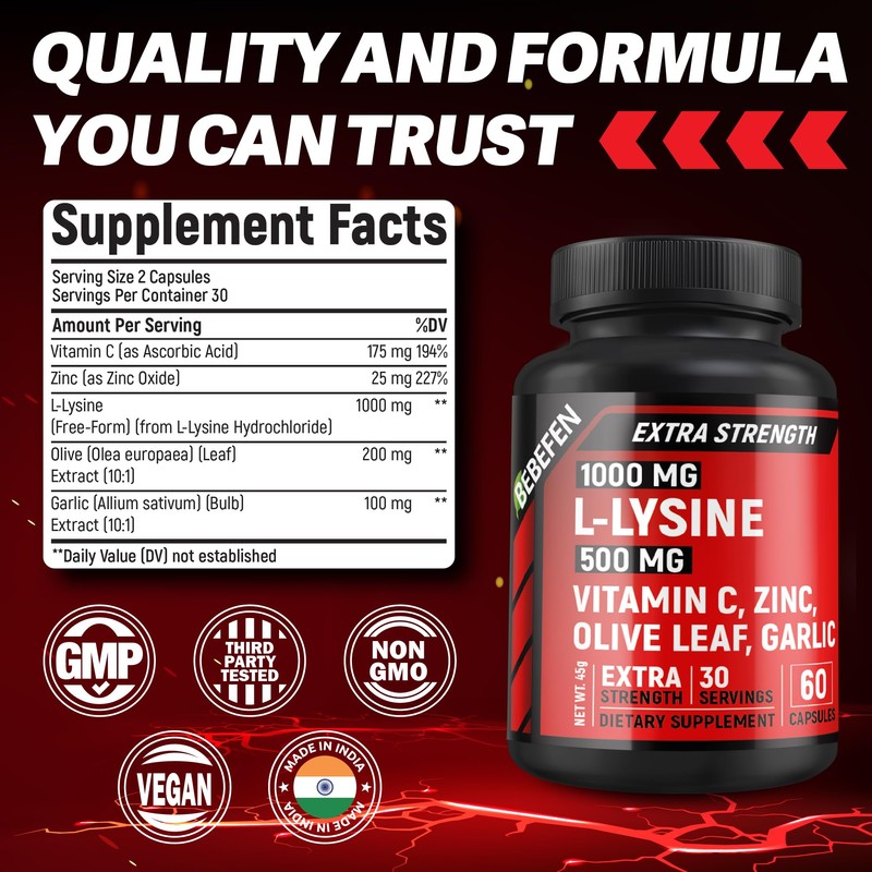 L-Lysine 1,000mg Capsules + Olive Leaf 200mg + Garlic Bulb