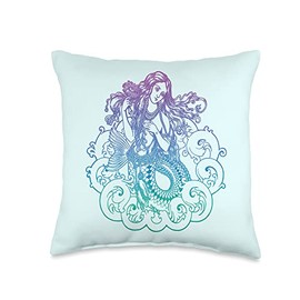 Mermaid and Siren Fashion for Girls of Summer Mermaid Sea Waves Braids Vintage Hippie Boho Mermaidcore Throw Pillow, 16x16, Multicolor