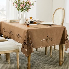Wracra Macrame Waterproof Table Cloth, Farmhouse Linen Style Rectangle Table Cover, Wrinkle Resistant Washable Indoor Outdoor Table Cloth (Coffee, 55x120)