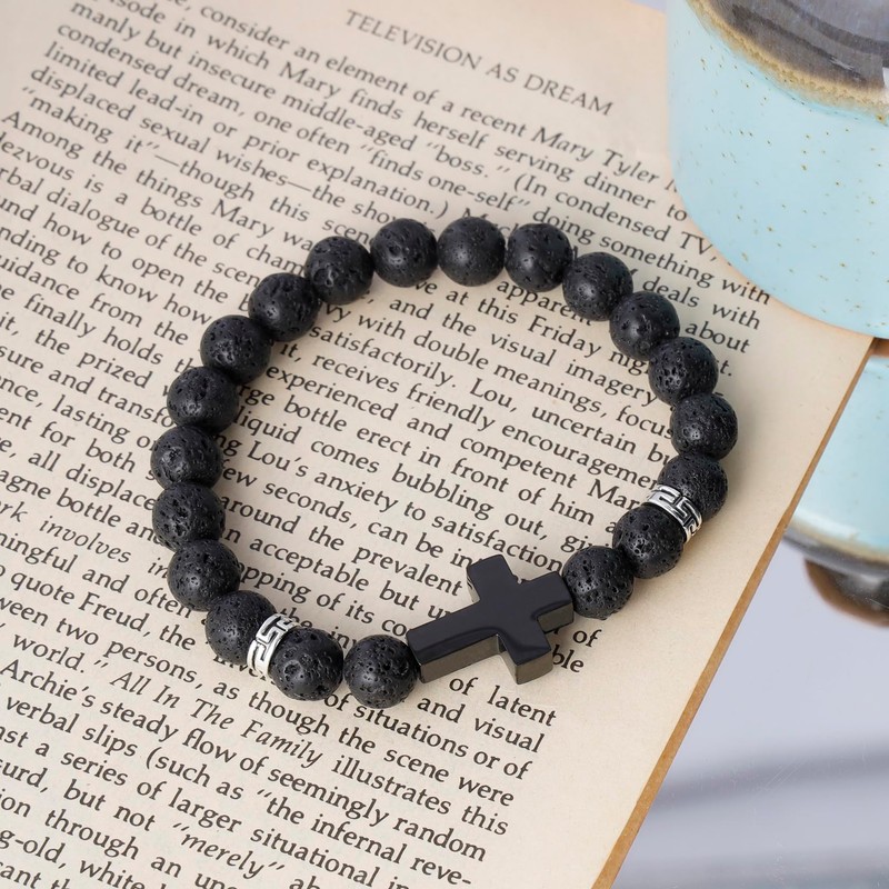 MILAKOO Black Cross Bracelet for Women 8mm Stone Beads Healing