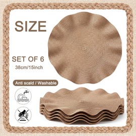 Irenare Scalloped Wedding Rattan Placemats Set of 6 Woven Round Placemat 15 Inch, Wicker Chargers Rattan Table Mat for Dining Table Cup Vase Home Holiday Birthday Party