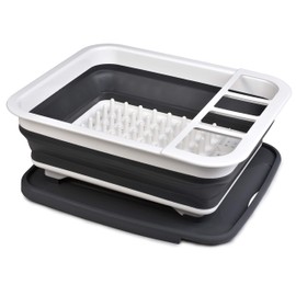 Masirs Pop-Up Collapsible Dish Drying Rack: Convenient Storage, Drains into Sink, Eight Large Plate Capacity, Sectional Cutlery and Utensil Compartment. Compact and Portable Design.