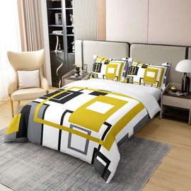 100% Organic Cotton Abstract Geometry Duvet Cover Geometric Square Striped Bedding Set Black White Yellow Grey Comforter Cover for Kids Adults,Modern Simple Bed Set 2 Pillow Cases Double Size
