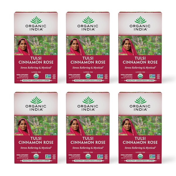 Organic India Tulsi Cinnamon Rose Herbal Tea - Holy Basil, Stress Relieving & Mystical, Immune Support, USDA Certified Organic, Supports Sugar Metabolism, Caffeine-Free - 18 Infusion Bags, 6 Pack