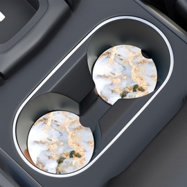 Car Cup Holder Coaster, Car Coasters for Cup Holders, 2 Pack Anti Slip Insert Absorbent Ceramic Car Coaster with A Finger Notch & Cork Base, Cute Car Interior Accessories for Women(Gray Gold Marble)