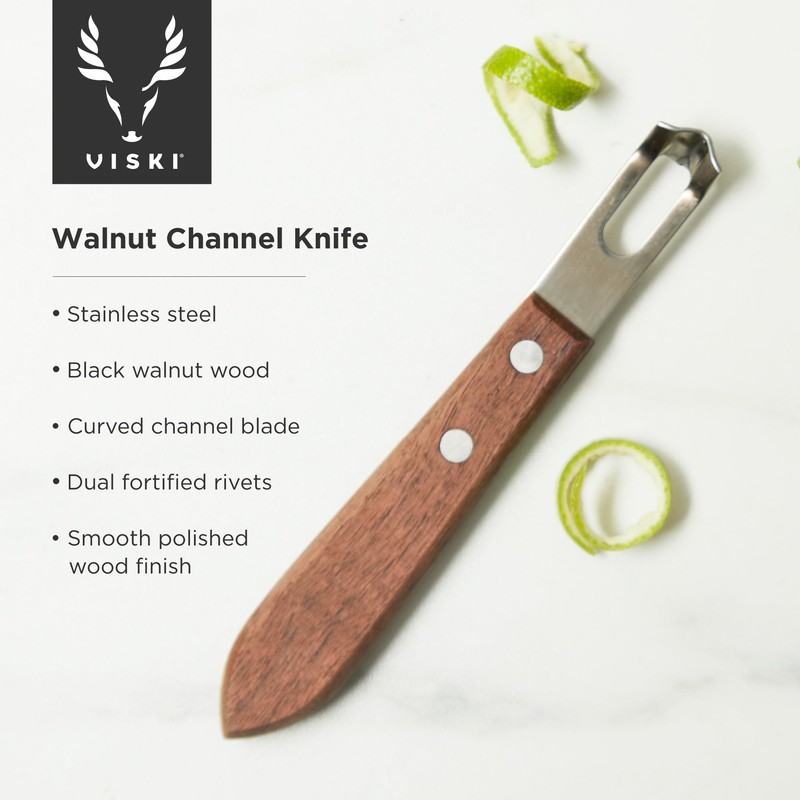 Viski Channel Knife, Citrus Zester and Orange Peeler Tool, Walnut