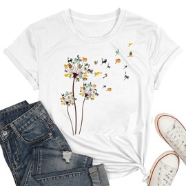 Cat Shirts for Women Flower Tee Shirts Dandelion T-Shirt Vintage Floral Tee Tops Women Graphic Tees