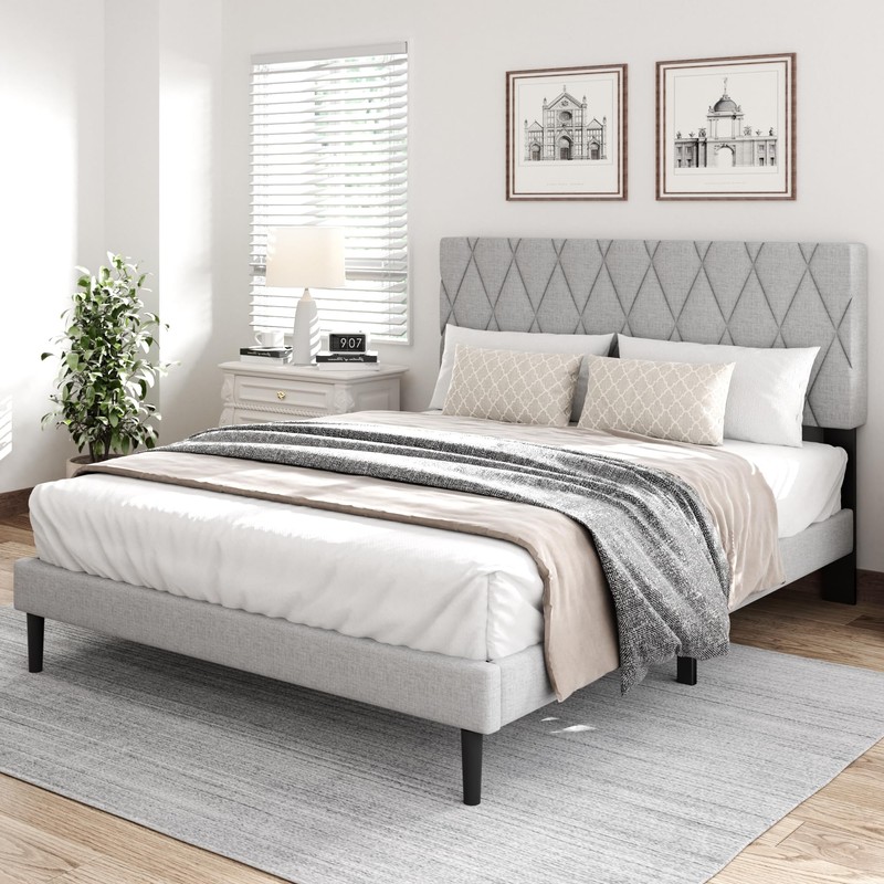 CXVX Full Size Bed Frame with Diamond Tufted Headboard, Linen