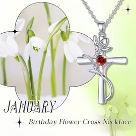 TOUPOP January Birthstone Cross Necklace 925 Sterling Silver January Birth Flower Necklace Religious Pendant Faith Christian Jewelry Birthday Gifts for Women Mom Wife Grandma