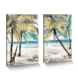 Tropical Beach Canvas Wall Art: 2 Pieces Seashore Palm Tree Artwork Ocean Sea Wave Scenery Painting Contemporary Heavy Textured Seascape Picture Teal Seaside Shoreline Prints for Bedroom