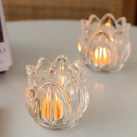 Glass Tea Light Votive Candle Holders Set of 6, Crystal Tealight Holders for Wedding, Birthday Party, Home Table Centerpiece Décor (Clear, Tulip Shape)