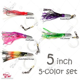 Fish WOW! Qty 5 5" Bullet Super Hex Jet Head Mylar Squid Rig Trolling Rigged Double Hook - 5 Colors Set