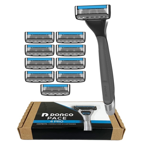 Dorco Pace 4 Pro - Four Blade Razor Shaving System - 10 Pack (10 Cartridges + 1 Handle)