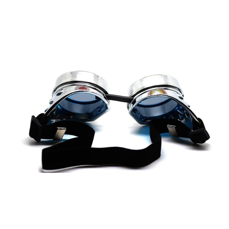 Ultra Silver with Blue Lenses Steampunk Goggles Mens Womens Cyber