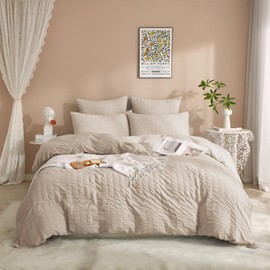 Seersucker Bed Linen 135 x 200 cm Beige Khaki Summer Plain Reversible Striped Summer Bed Linen Microfibre Breathable Lightweight Geometric Pattern Duvet Cover 135/200 Single Bed and Pillowcase 80 x 80