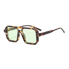 qinqilanqi-S Vintage Square Double Bridge Sunglasses Men Women 70s Flat Sunglasses Retro Glasses, Leopard/Green