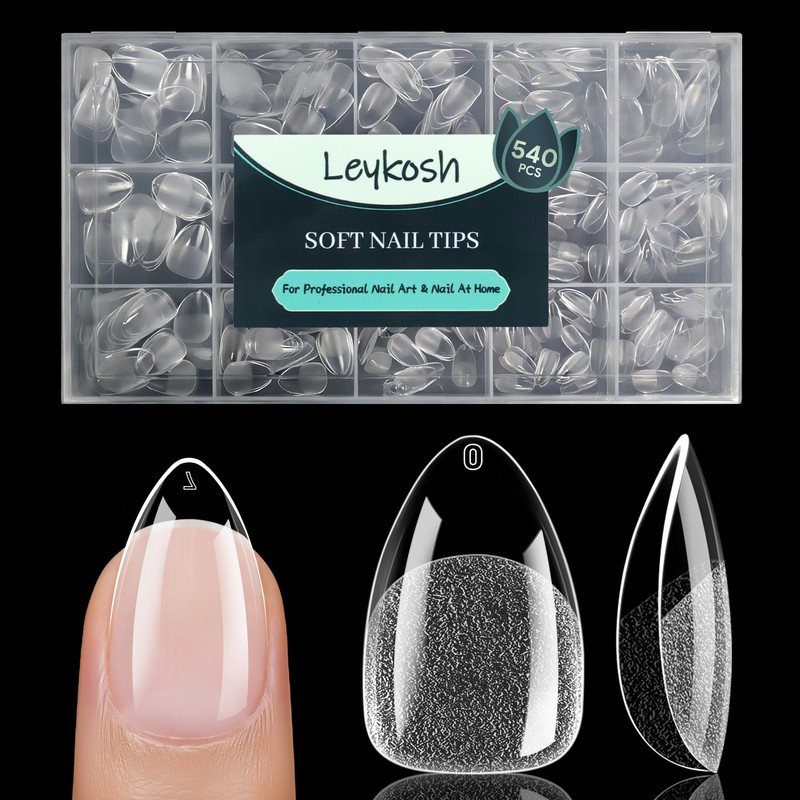 LEYKOSH Puntas de uñas Leykosh cortas almendradas, 540 unidades, transparentes,