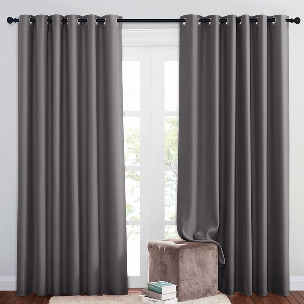 NICETOWN Blackout Living Room Curtains Extra Wide, Triple Weave Grommet Top Thermal Insulated Window Treatment Light Blocking Panels for Patio/Porch (Grey, W80 x L84, Set of 2)