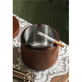 Wooden Ashtray with Lids, Windproof Smellproof Deep Large Capacity Solid Wood Stainless Steel Ash Tray for Indoor Outdoor Use 10x12cm