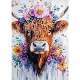 DAERLE Diamond Painting Kits for Adults, Highland Cow Watercolor, 5D Flowers Cattle Diamond Art for Beginners, Gem Art Kits for Adults for Home Wall Decor 30x40cm