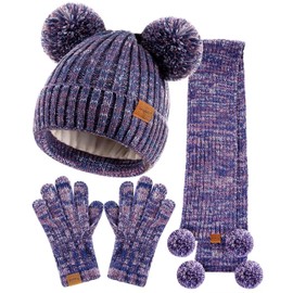 SENPUKI Kids Winter Hat Gloves Scarf Set, Girls Toddler Children Beanie with Pom Knit Neck Warmer Gaiter Mittens Fleece Lined Set(Purple Mix)