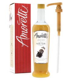 Amoretti - Premium Vanilla Syrup, 94 Servings Per Bottle (750 ml), with Pump for Flavoring Coffees, Cocktails, and other Beverages, Gluten Free, GMO/GEO Free, Preservative Free