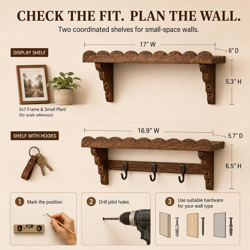 17-Inch Scalloped Rustic Wall Shelves Set of 2, Shelves for
