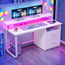 DWVO Office Desk with Drawers, 55" Computer Desk with Power Outlets & LED Light, Home Office Desk with Storage & Monitor Stand, White