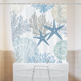 Gipsighila Nautical Split Shower Curtain for Transfer Bench Blue sea Plant Shower Curtain, Waterproof Fabric Machine Washable with 12Hooks, 71" Wx71 L