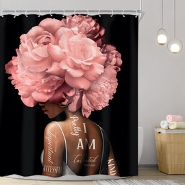 Riyidecor African American Shower Curtain 60Wx72H Inch Pink Black Girl Woman Shower Curtains Floral Queen Peony Flower Rose Quotes Modern Retro Bathroom Decor Fabric Polyester Waterproof 12 Pack Hooks