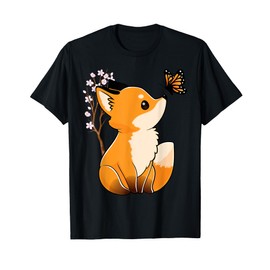 Fox and Butterfly Cute Fox Japanese Cherry Blossom Flower T-Shirt