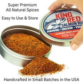 King Red Salmon Rub – Classic Potlatch Seasoning Dry Spice Blend - Grilled Salmon, Seafood and Veggies – All Natural, Gluten-Free, Keto, Low Salt and No MSG – 3oz Fresh-Sealed Pouch in Reusable Tin