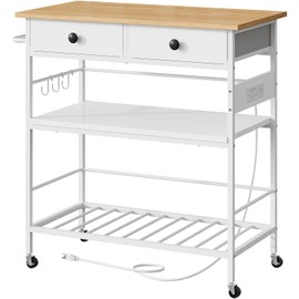 HOOBRO Kitchen Island with Storage, Rolling Island Cart for Kitchen with 2 Drawers & Outlet, 3 Tier Coffee Station and Microwave Stand, Kitchen Island Table for Home, Natural and White WN08UZD01
