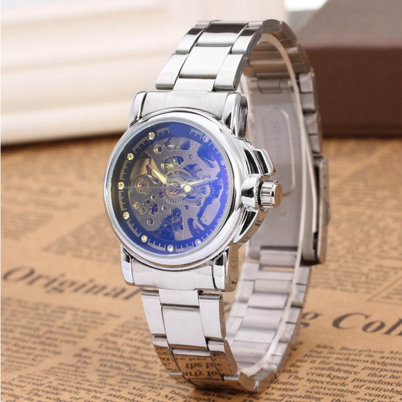 WINNER Heart Shape Hollow Automatic Mechanical Movement Business Men Watch(Black+Silver)