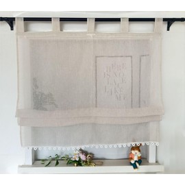 Vordesack Linen Look Roman Blind with Flower Edge Plain Roman Curtain with Loops Country House Style Living Room Semi-Transparent Curtain Kitchen 1 Piece Sand H x W 140 x 70 cm