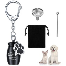 SSuirk Pet Urns Keychain for Dogs & Cats - Stainless Steel Ashes Keepsake with Velvet Bags, Paw Charm Cremation Jewelry