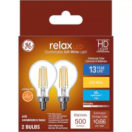 GE Relax 60w Clear EQ A15 Soft White Candelabra Base (e-12) Dimmable LED 2-Pack
