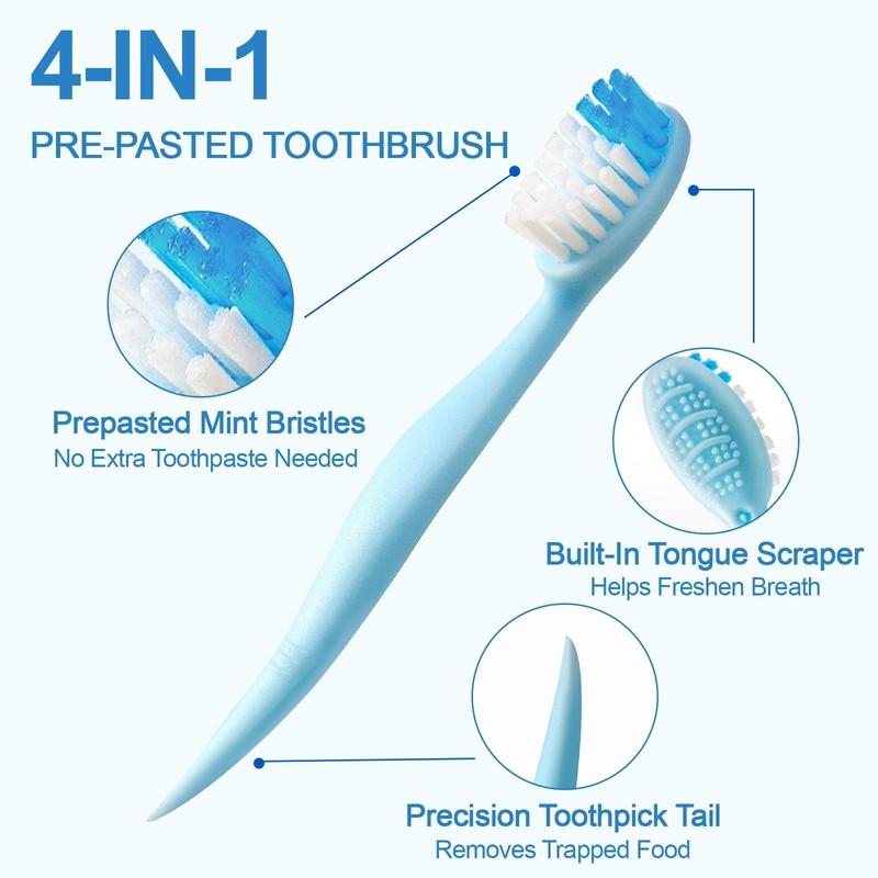 JOUGE 4-in-1 Pre-Pasted Travel Toothbrushes, 40 Pack,Mint, No Water Needed