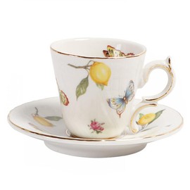 Sizikato Porcelain Cup and Saucer Set with Gold Trim, 3 Oz Mini Teacup Espresso Cup, Lemon and Butterfly Pattern