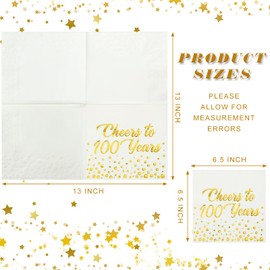 Qilery 100 Pcs Gold Foil Birthday Napkins Anniversary Birthday Decorations Cocktail Napkins Folded 6.5 x 6.5 Inch 3 Ply Disposable Tissue for Wedding Party(Cheers to 100 Years)