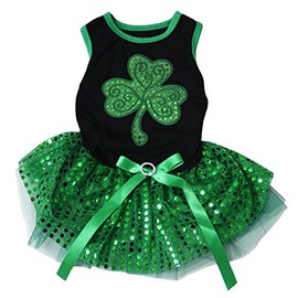 Puppy Clothes Dog Dress St Patrick's Day Clover Leaf Black Top Green Sequin Tutu