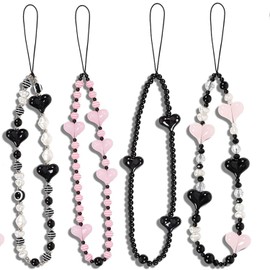 Paifeancodill Phone Charm, 4 Pcs Cute Phone Strap, Beaded Cell Phone Lanyard Phone Wrist Strap for Women Girls Phone Charm Strap Phone Chain Phone Keychain Beaded Phone Charms Beaded Lanyard (Heart)