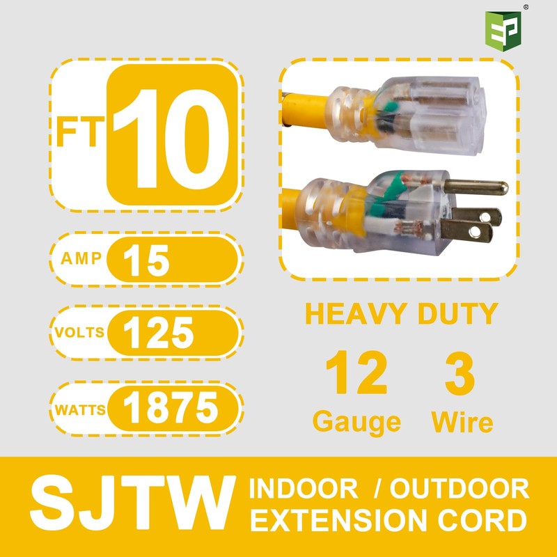 EP Cable de extensión para exteriores SJTW 12/3, 25 pies,