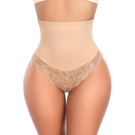 Werena Women Shapewear Tummy Control Thong Underwear High Waisted Body Shaper Panties Lace Shaping Girdle Thongs(Beige, Medium)