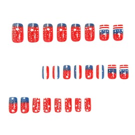 24Pcs 4th of July Press on Nails Short Square Fake Nails with Red Blue White Stripe Designs Glitter Glue on Nails Independence Day Star Acrylic Nails Patriotic False Nails Stick on Nails for Women